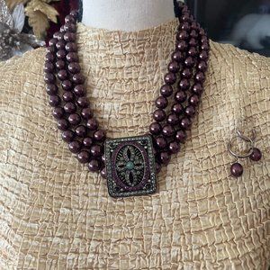 Heidi Daus Triple Strand Burgundy Pearl Necklace, with Pearl Earrings Included